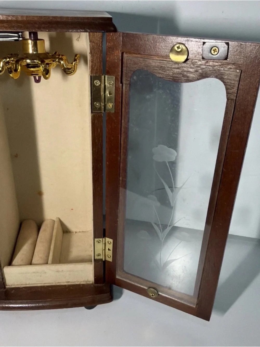 Wood-Finish Brown Jewelry Cabinet with Etched Glass Door